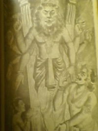Sri Nrusimha appearing before HiraNyakasibu.